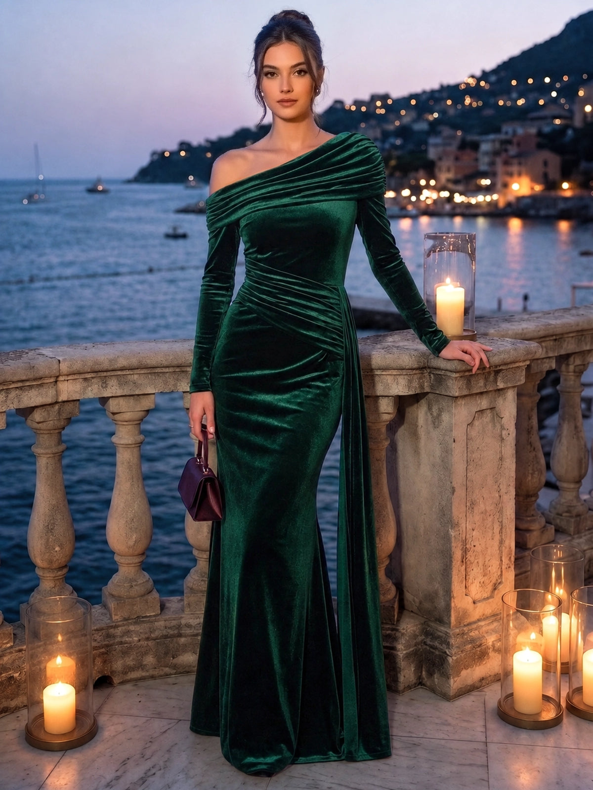 Sheath Velvet Evening Gown Floor Length One Shoulder Emerald Green Runched Long Sleeves Formal Wedding Guest Dress With Side Drape