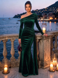 Sheath Velvet Evening Gown Floor Length One Shoulder Emerald Green Runched Long Sleeves Formal Wedding Guest Dress With Side Drape