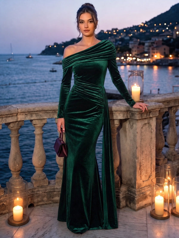 Sheath Velvet Evening Gown Floor Length One Shoulder Emerald Green Runched Long Sleeves Formal Wedding Guest Dress With Side Drape