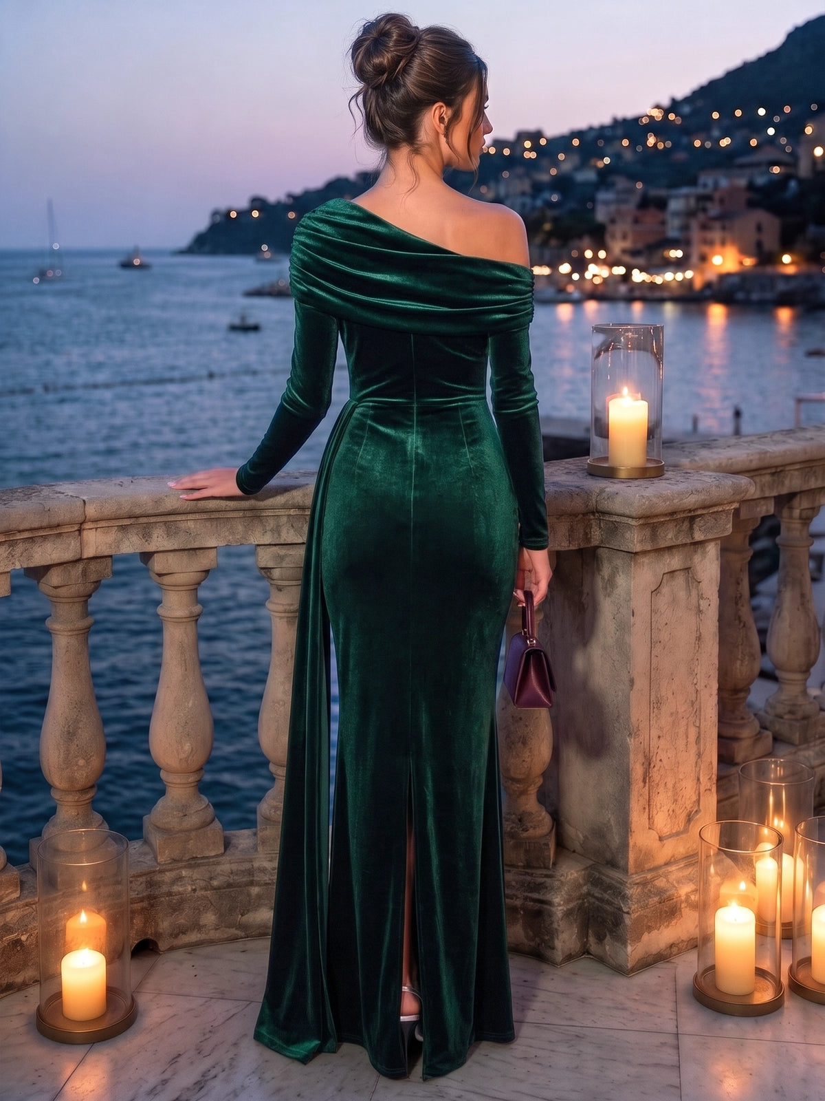 Sheath Velvet Evening Gown Floor Length One Shoulder Emerald Green Runched Long Sleeves Formal Wedding Guest Dress With Side Drape
