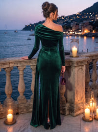 Sheath Velvet Evening Gown Floor Length One Shoulder Emerald Green Runched Long Sleeves Formal Wedding Guest Dress With Side Drape