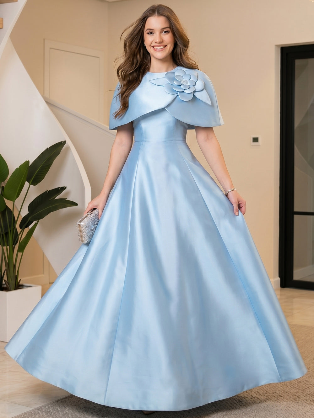A-Line/Princess Evening Dress Elegant Blue Formal Boat-Neck Floor-Length Short Sleeves Satin With Flower&Lace-Up