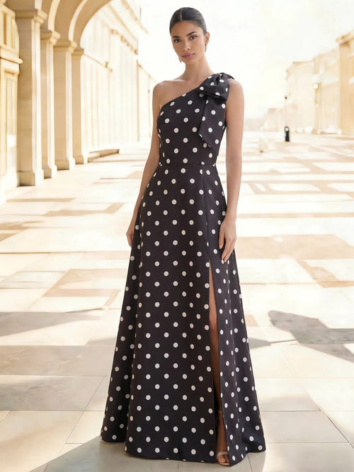 A-Line/Princess Evening Dress Satin One-Shoulder With Bow Sleeveless Floor-Length Formal Dresses With Polka Dots Split Side Wedding Guest