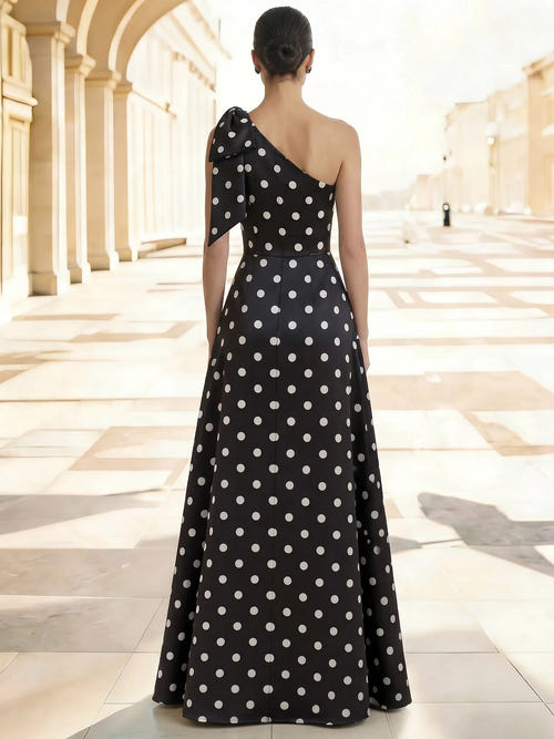 A-Line/Princess Evening Dress Satin One-Shoulder With Bow Sleeveless Floor-Length Formal Dresses With Polka Dots Split Side Wedding Guest