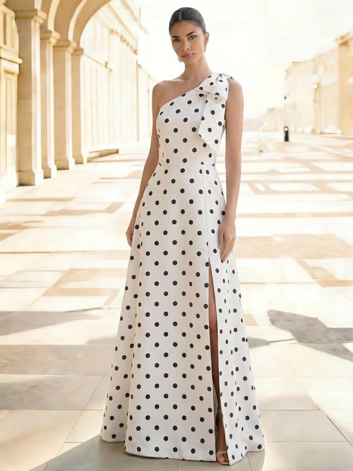 A-Line/Princess Evening Dress Satin One-Shoulder With Bow Sleeveless Floor-Length Formal Dresses With Polka Dots Split Side Wedding Guest