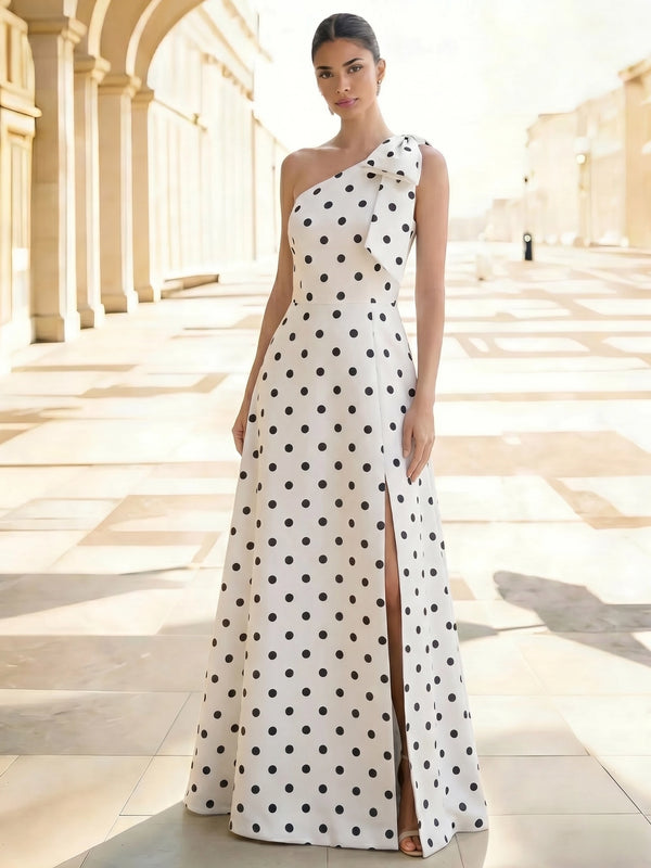 A-Line/Princess Evening Dress Satin One-Shoulder With Bow Sleeveless Floor-Length Formal Dresses With Polka Dots Split Side Wedding Guest