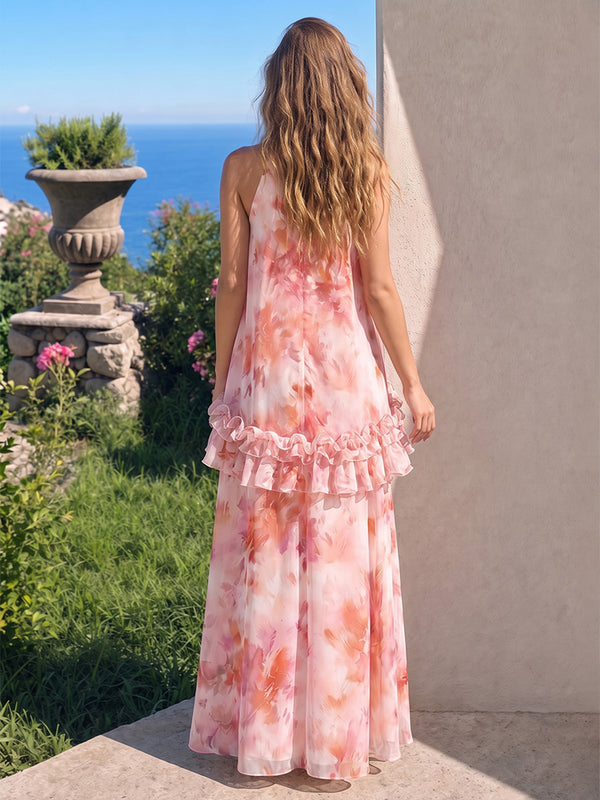 A-Line/Princess Evening Dresses Printed Chiffon Halter Sleeveless Floor-length Floral Ruffles