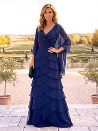 A-Line Mother Of The Bride Dresses Elegant Chiffon Embroidery Floor-Length V-Neck Cape Sleeves Layered Ruffles Zipper Formal Dress Wedding Guest