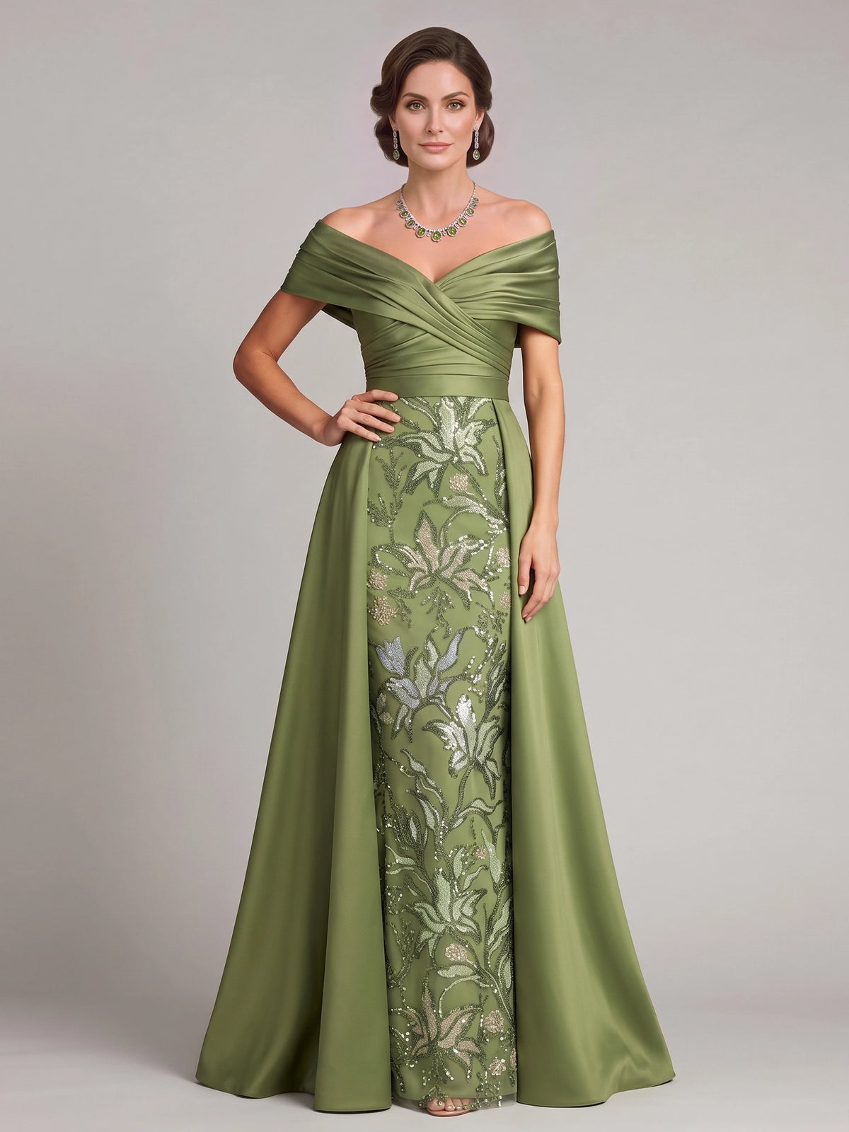 A-Line Mother Of The Bride Dresses Beaded Embroidery Sleeveless Floor-Length Off-The-Shoulder Ruched Floral Elegant Formal Wedding Guest Dresses With Overskirt