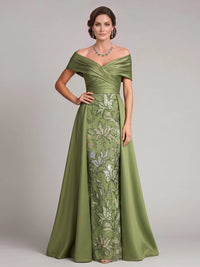 A-Line Mother Of The Bride Dresses Beaded Embroidery Sleeveless Floor-Length Off-The-Shoulder Ruched Floral Elegant Formal Wedding Guest Dresses With Overskirt
