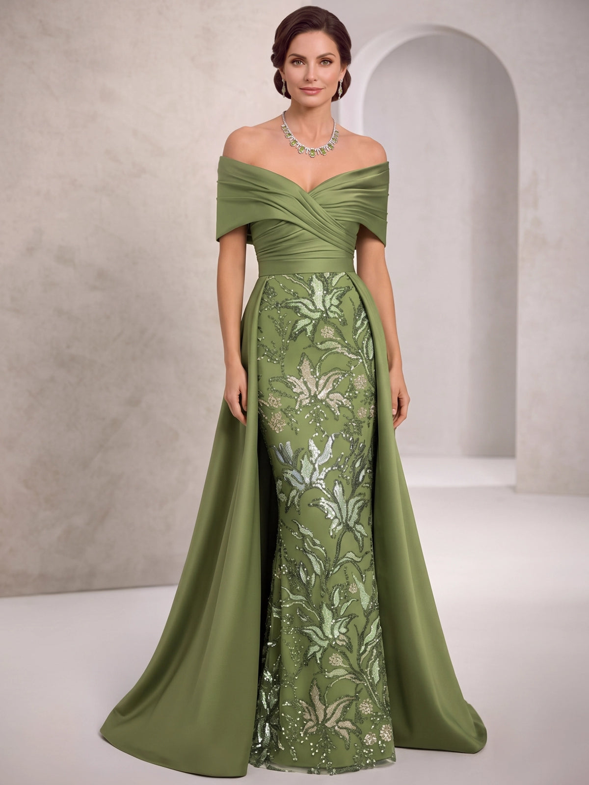 A-Line Mother Of The Bride Dresses Beaded Embroidery Sleeveless Floor-Length Off-The-Shoulder Ruched Floral Elegant Formal Wedding Guest Dresses With Overskirt