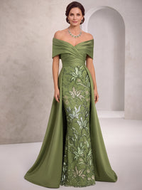 A-Line Mother Of The Bride Dresses Beaded Embroidery Sleeveless Floor-Length Off-The-Shoulder Ruched Floral Elegant Formal Wedding Guest Dresses With Overskirt