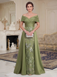 A-Line Mother Of The Bride Dresses Beaded Embroidery Sleeveless Floor-Length Off-The-Shoulder Ruched Floral Elegant Formal Wedding Guest Dresses With Overskirt