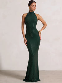 Mermaid Evening Dresses Stunning Sparkle Party Dress Halter High Neck Emerald Green Sleeveless Rhinestone Dress