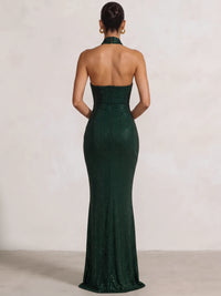 Mermaid Evening Dresses Stunning Sparkle Party Dress Halter High Neck Emerald Green Sleeveless Rhinestone Dress