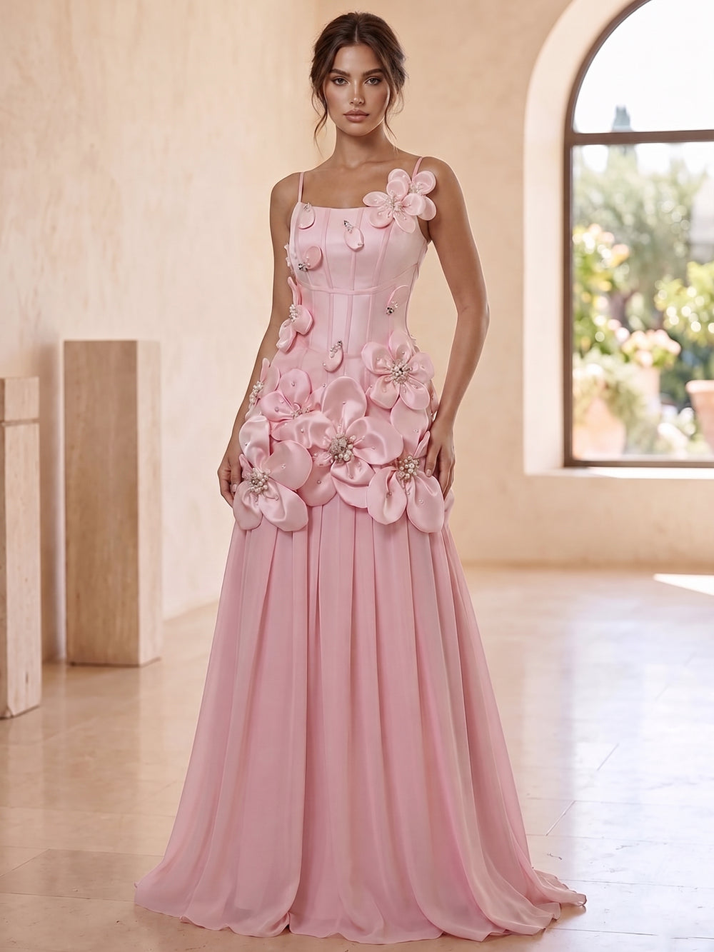 Spaghetti Straps A-Line Evening Dress Luxury Floral Appliques Tulle Evening Gown Sleeveless Floor-Length Dress With Beading