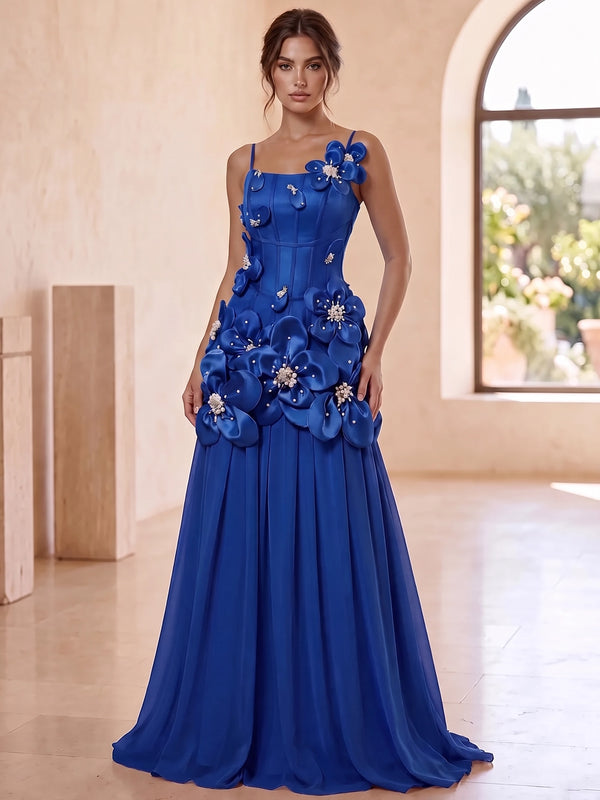 A-Line Evening Dress Luxury 3D Floral Tulle Spaghetti Straps Evening Gown Sleeveless Floor-Length Dress With Beading