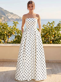 A-Line/Princess Evening Dress Satin Strapless Sleeveless Floor-Length Formal Dresses With Polka Dots Pockets Wedding Guest