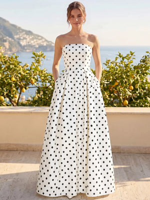 A-Line/Princess Evening Dress Satin Strapless Sleeveless Floor-Length Formal Dresses With Polka Dots Pockets Wedding Guest