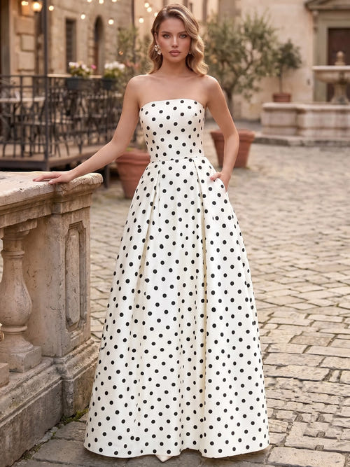 A-Line/Princess Evening Dress Satin Strapless Sleeveless Floor-Length Formal Dresses With Polka Dots Pockets Wedding Guest