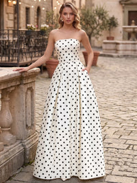 A-Line/Princess Evening Dress Satin Strapless Sleeveless Floor-Length Formal Dresses With Polka Dots Pockets Wedding Guest