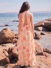 A-Line/Princess Evening Dresses Printed Chiffon Halter Sleeveless Floor-length Tiered Ruffles Hollow Zipper
