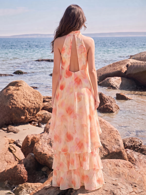A-Line/Princess Evening Dresses Printed Chiffon Halter Sleeveless Floor-length Tiered Ruffles Hollow Zipper