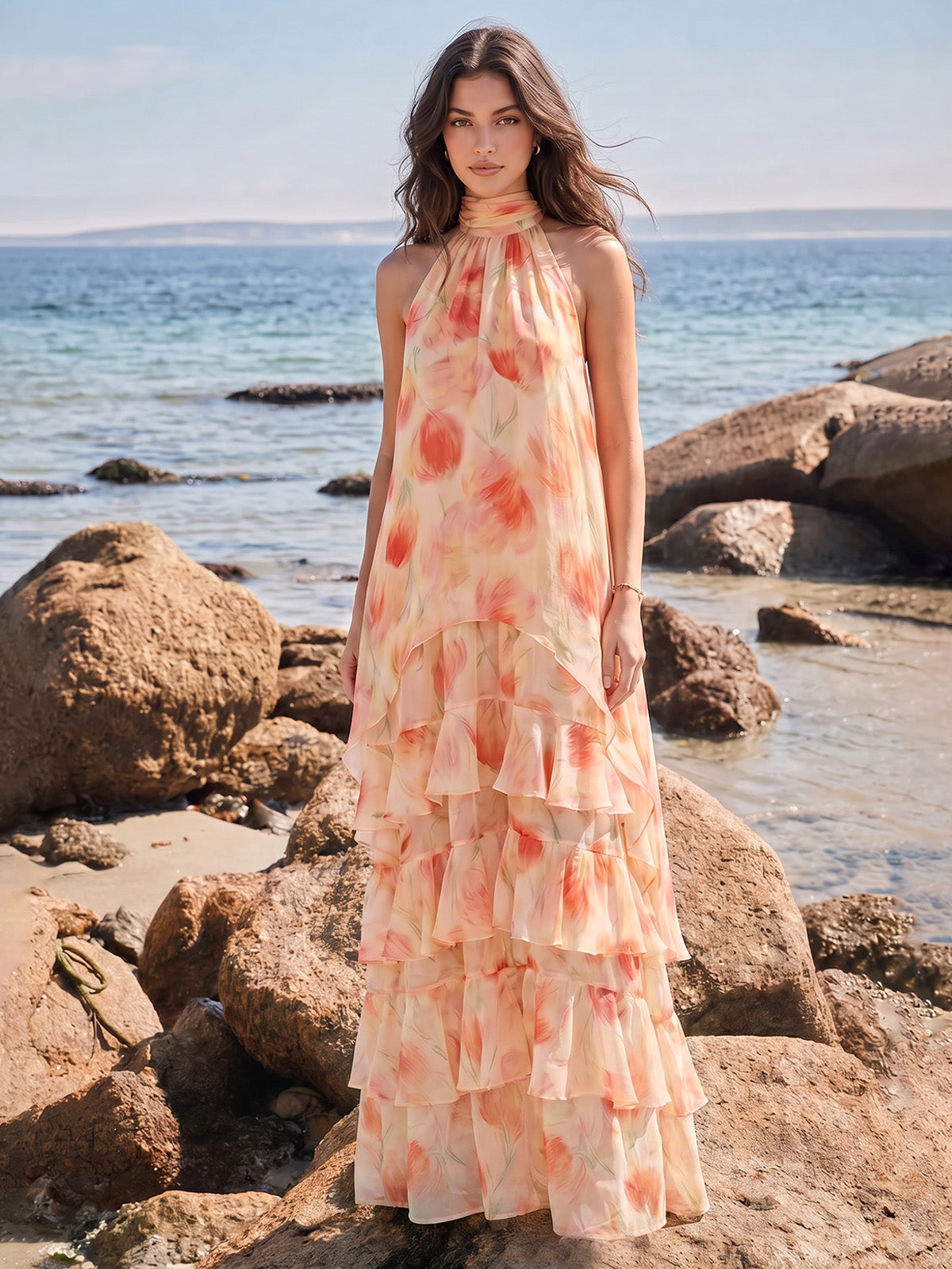 A-Line/Princess Evening Dresses Printed Chiffon Halter Sleeveless Floor-length Tiered Ruffles Hollow Zipper