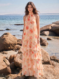 A-Line/Princess Evening Dresses Printed Chiffon Halter Sleeveless Floor-length Tiered Ruffles Hollow Zipper