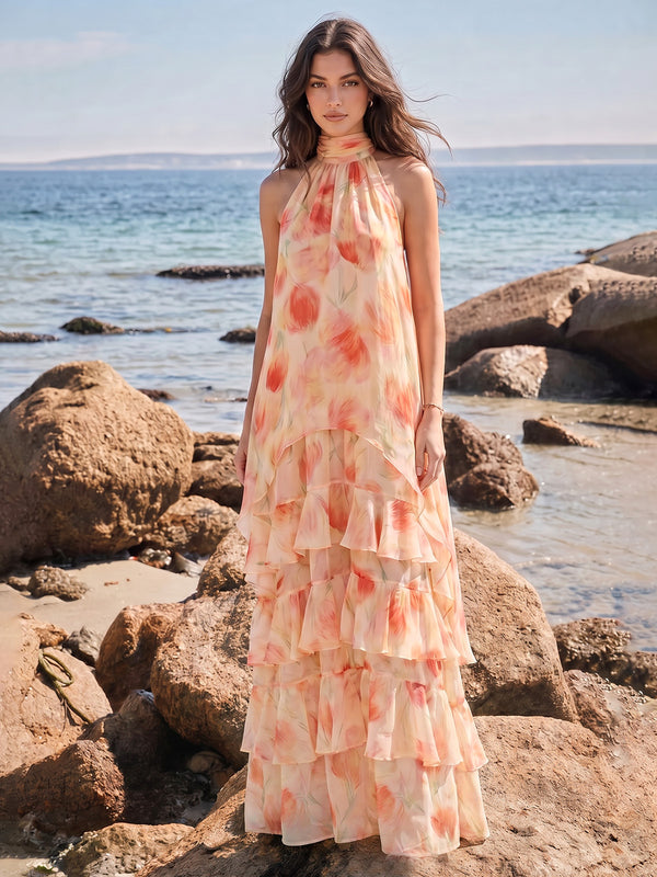A-Line/Princess Evening Dresses Printed Chiffon Halter Sleeveless Floor-length Tiered Ruffles Hollow Zipper