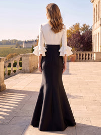 Mermaid Mother Of The Bride Dresses Elegant Satin Floor-Length V-Neck 3/4 Sleeves With Ruffles Pockets Black White Formal Dresses Wedding Guest