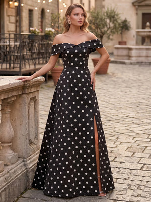 A-Line/Princess Evening Dress Satin Off-The-Shoulder Sleeveless Floor-Length Formal Dresses With Polka Dots Split Side Wedding Guest