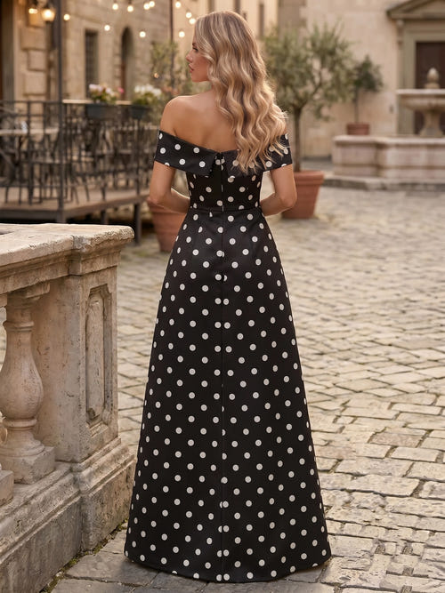 A-Line/Princess Evening Dress Satin Off-The-Shoulder Sleeveless Floor-Length Formal Dresses With Polka Dots Split Side Wedding Guest