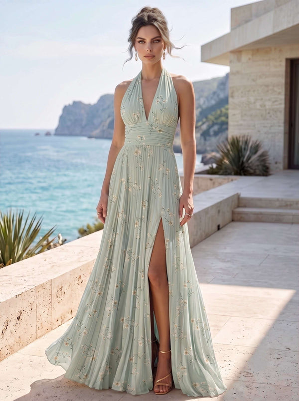 A-Line/Princess Evening Dresses Printed Chiffon Halter Sleeveless Floor-length Pleated With High Slit