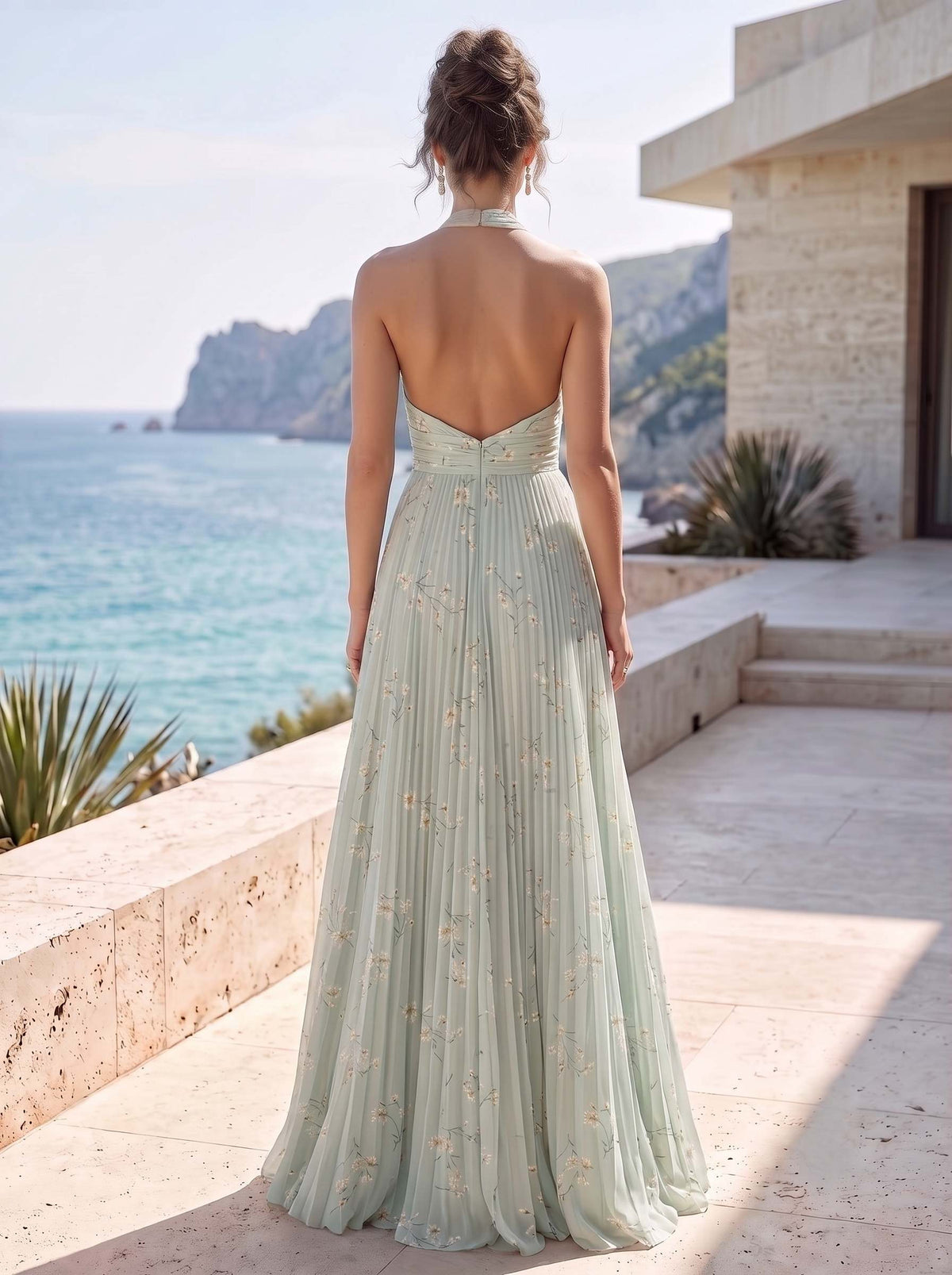 A-Line/Princess Evening Dresses Printed Chiffon Halter Sleeveless Floor-length Pleated With High Slit