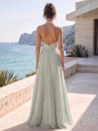 A-Line/Princess Evening Dresses Printed Chiffon Halter Sleeveless Floor-length Pleated With High Slit