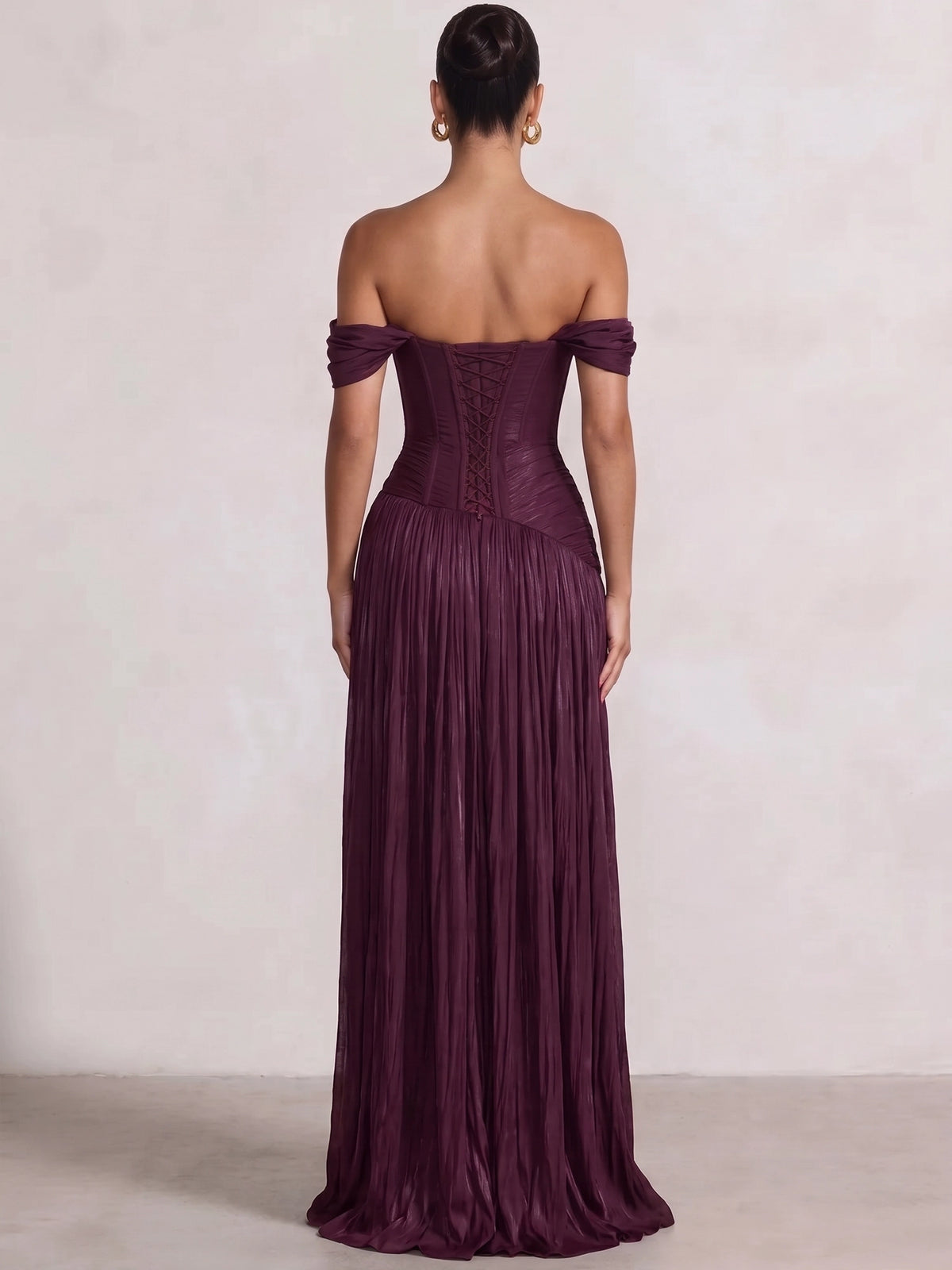 A-Line/Princess Evening Dresses Floor Length Off-the-Shoulder Burgundy Sleeveless Runched Pleated Lace Up Sparklely Formal Wedding Guest Dress