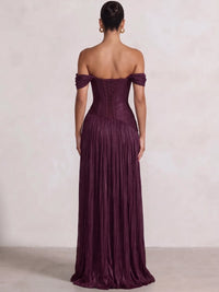 A-Line/Princess Evening Dresses Floor Length Off-the-Shoulder Burgundy Sleeveless Runched Pleated Lace Up Sparklely Formal Wedding Guest Dress