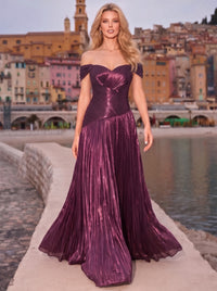 A-Line/Princess Evening Dresses Floor Length Off-the-Shoulder Burgundy Sleeveless Runched Pleated Lace Up Sparklely Formal Wedding Guest Dress