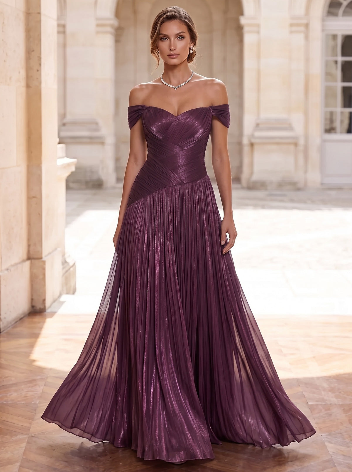 A-Line/Princess Evening Dresses Floor Length Off-the-Shoulder Burgundy Sleeveless Runched Pleated Lace Up Sparklely Formal Wedding Guest Dress