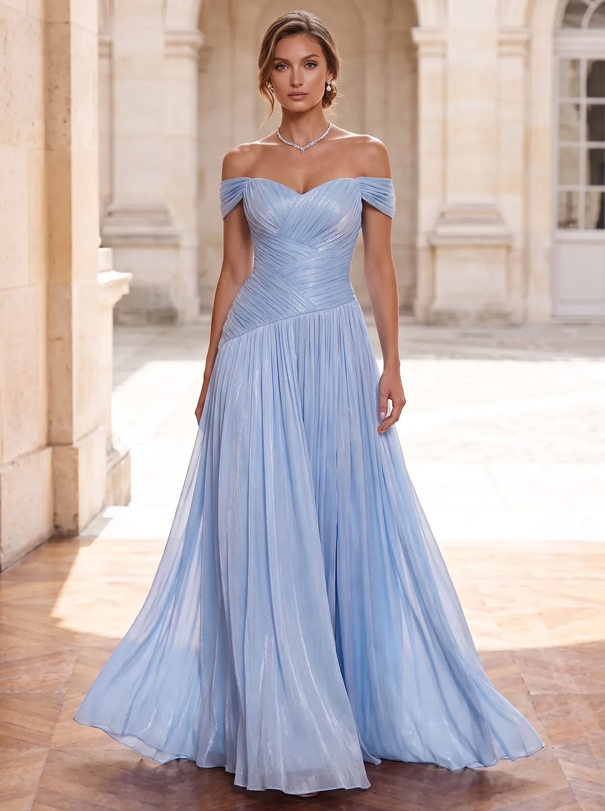 A-Line/Princess Evening Dresses Floor Length Off-the-Shoulder Burgundy Sleeveless Runched Pleated Lace Up Sparklely Formal Wedding Guest Dress