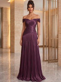 A-Line/Princess Evening Dresses Floor Length Off-the-Shoulder Burgundy Sleeveless Runched Pleated Lace Up Sparklely Formal Wedding Guest Dress