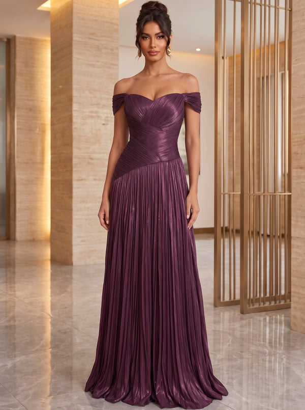 A-Line/Princess Evening Dresses Floor Length Off-the-Shoulder Burgundy Sleeveless Runched Pleated Lace Up Sparklely Formal Wedding Guest Dress
