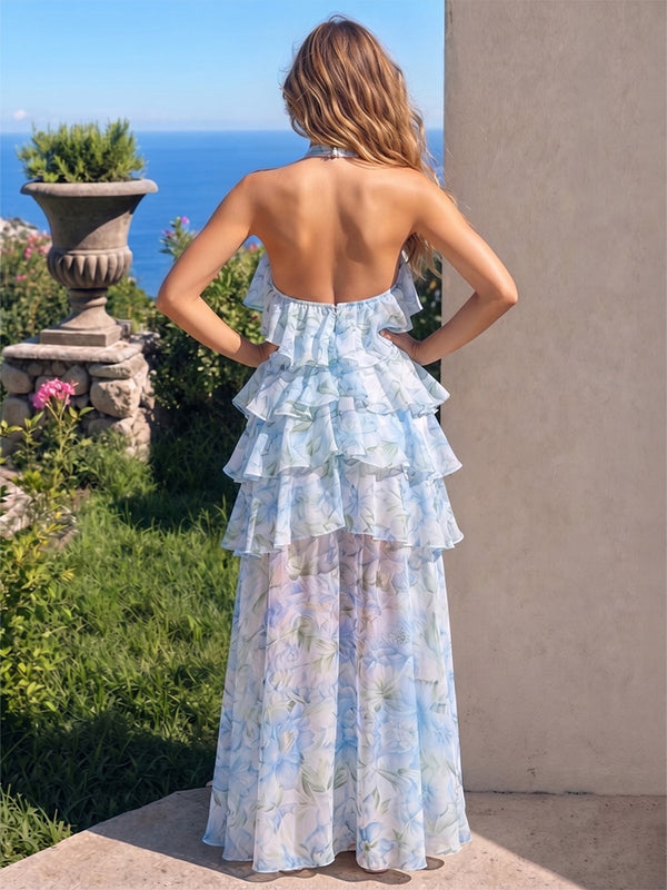 A-Line/Princess Evening Dresses Printed Chiffon Halter Sleeveless Floor-length Tiered Ruffles Backless