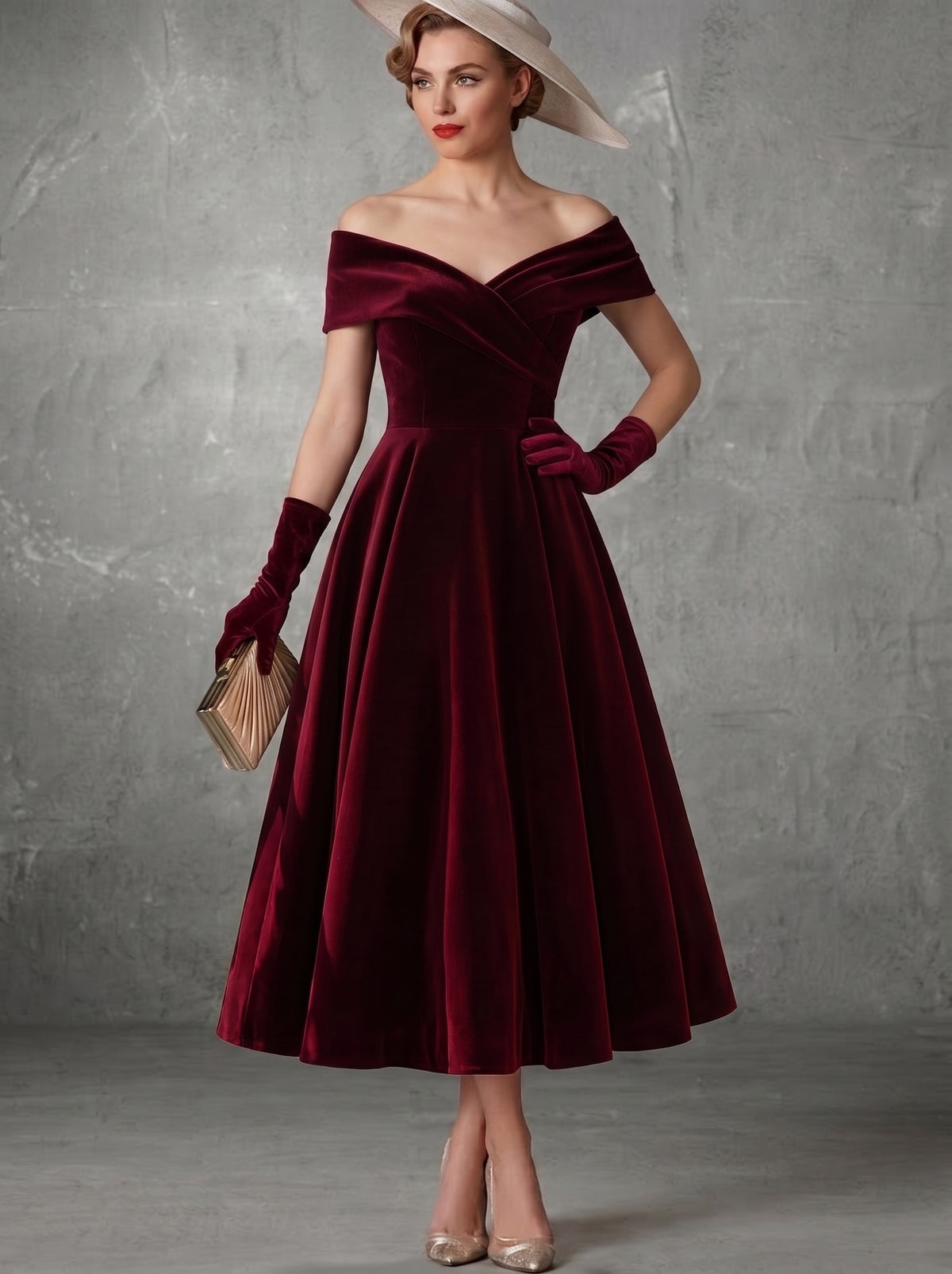 A Line Cocktail Dress Velvet Elegant Dress Formal Wedding Ankle Length Sleeveless Off Shoulder Wedding Guest Chirstmas