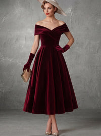 A Line Cocktail Dress Velvet Elegant Dress Formal Wedding Ankle Length Sleeveless Off Shoulder Wedding Guest Chirstmas