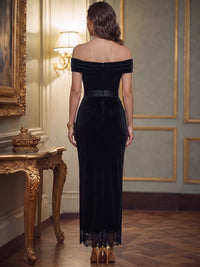 Mermaid Cocktail Dress Velvet Elegant Dress Formal Wedding Ankle Length Sleeveless Off Shoulder Wedding Guest Dress With Bow Lace