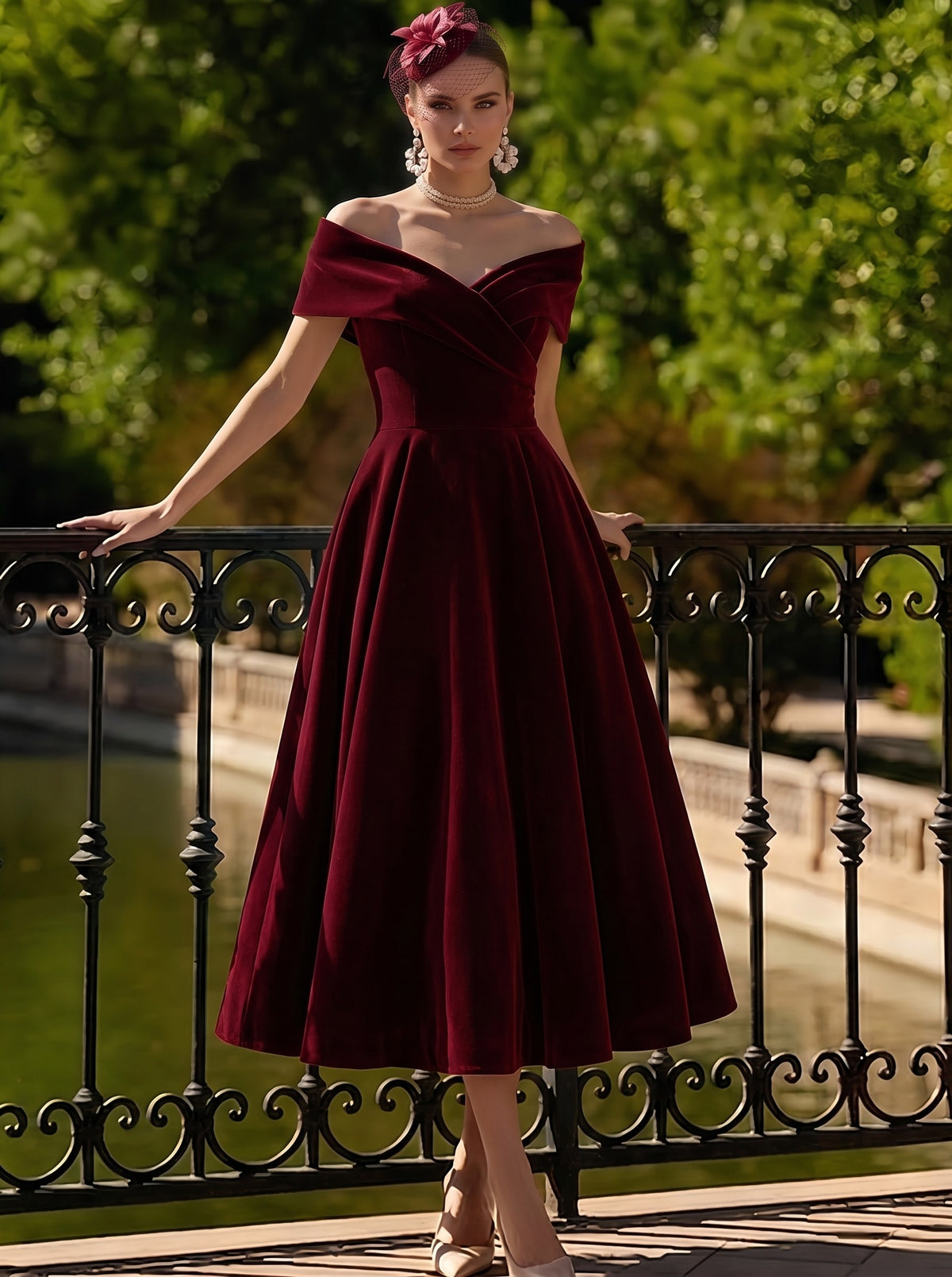 A Line Cocktail Dress Velvet Elegant Dress Formal Wedding Ankle Length Sleeveless Off Shoulder Wedding Guest Chirstmas