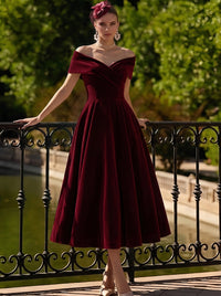 A Line Cocktail Dress Velvet Elegant Dress Formal Wedding Ankle Length Sleeveless Off Shoulder Wedding Guest Chirstmas