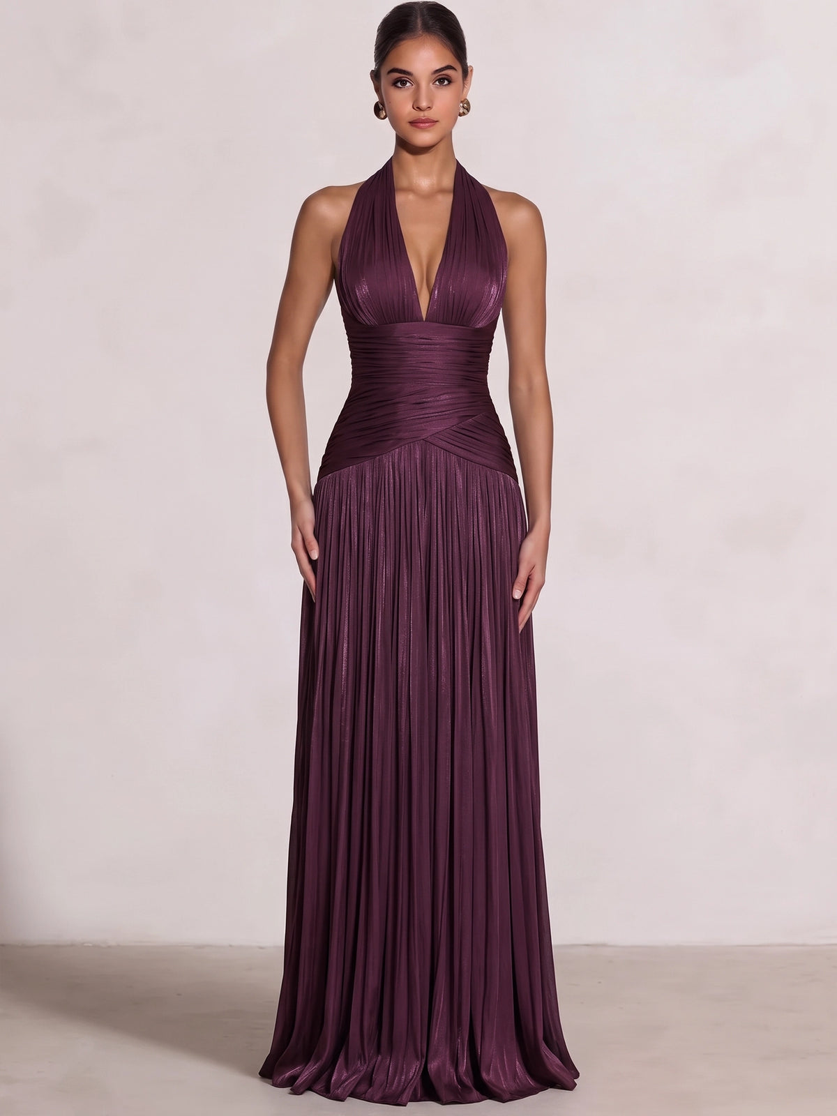 A-Line/Princess Evening Dresses Floor Length Halter V Neck Burgundy Sleeveless Runched Pleated Lace Up Sparklely Formal Wedding Guest Dress